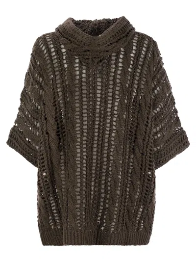 Brunello Cucinelli Women Cable & Mesh Jute And Cotton Cardigan With Hood And Shiny Zipper Pull In Brown