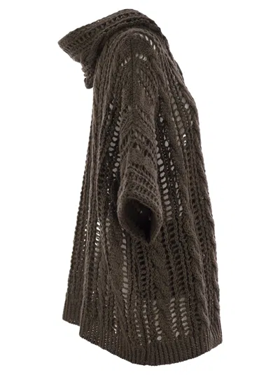 Brunello Cucinelli Women Cable & Mesh Jute And Cotton Cardigan With Hood And Shiny Zipper Pull In Brown