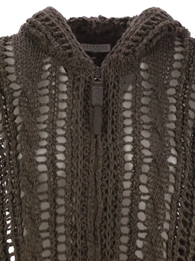 Brunello Cucinelli Women Cable & Mesh Jute And Cotton Cardigan With Hood And Shiny Zipper Pull In Brown