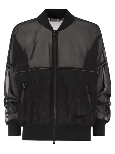 Brunello Cucinelli Black Organza Shiny Trims Bomber Jacket