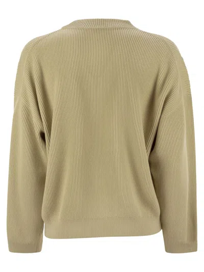 Brunello Cucinelli Women Cotton Rib Sweater With Shiny Detail In Brown