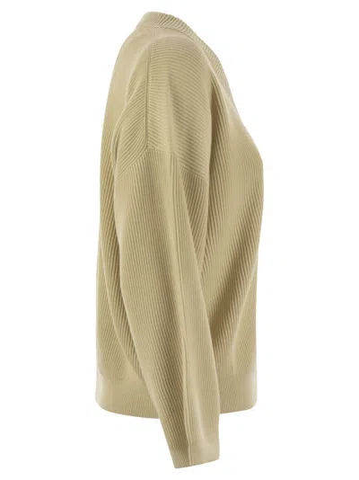 Brunello Cucinelli Women Cotton Rib Sweater With Shiny Detail In Brown