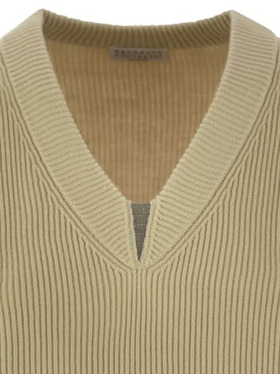 Brunello Cucinelli Women Cotton Rib Sweater With Shiny Detail In Brown
