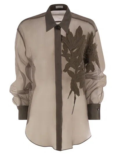 Brunello Cucinelli Laser Cut Crispy Silk Chiffon Blouse In Brown
