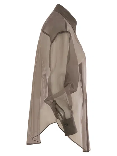 Brunello Cucinelli Laser Cut Crispy Silk Chiffon Blouse In Brown