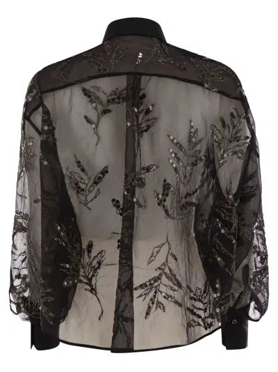 Brunello Cucinelli Women Crispy Silk Shirt With Glistening Flora Embroidery In Black