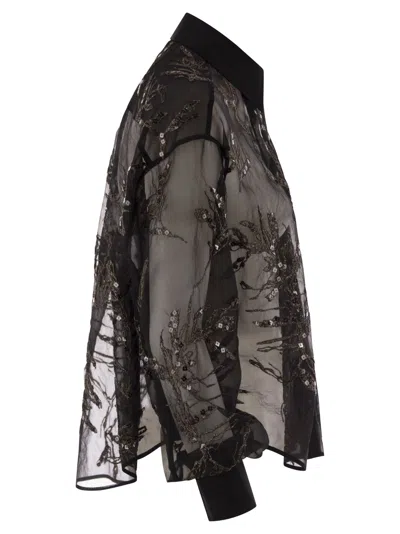 Brunello Cucinelli Women Crispy Silk Shirt With Glistening Flora Embroidery In Black