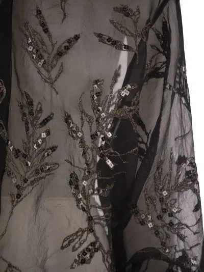 Brunello Cucinelli Women Crispy Silk Shirt With Glistening Flora Embroidery In Black