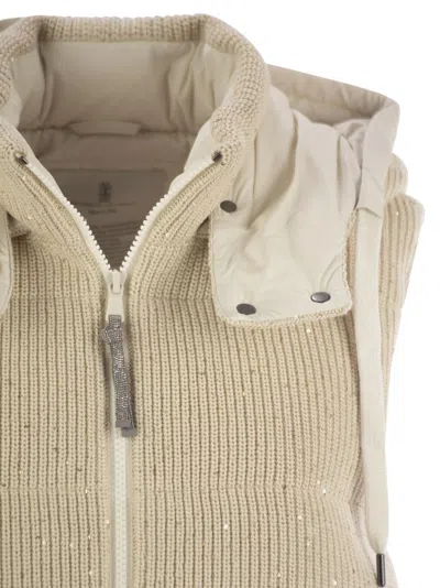 Brunello Cucinelli Cotton Knit Vest With Down Padding And Removable Hood