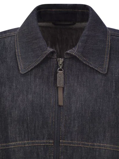 Brunello Cucinelli Denim-effect Twill Bomber Jacket With Shiny Zip