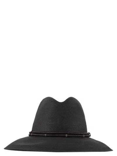 Brunello Cucinelli Fedora Made Of Hemp And Techno Cotton With Leather Band And Necklace