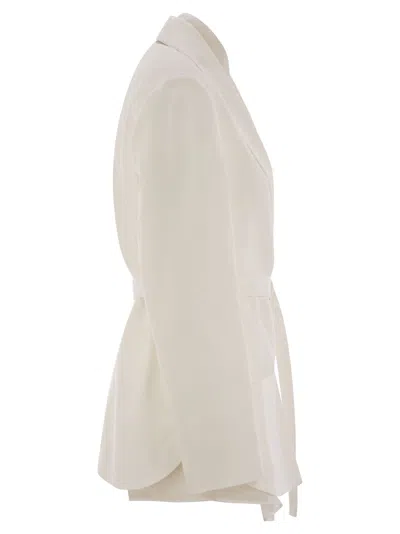 Brunello Cucinelli Women Fluid Viscose And Linen Twill Jacket With Belt And Necklace In White