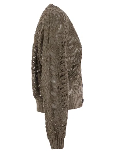 Brunello Cucinelli Foliage Lace Cardigan In Linen And Silk Diamante