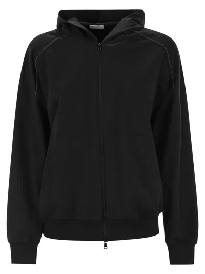 Brunello Cucinelli Lightweight Stretch Cotton Fleece Topwear With Zip, Hood And Shiny Trims