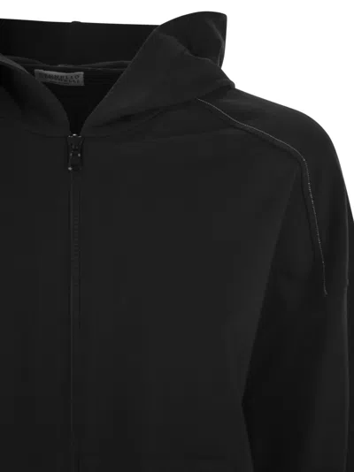 Brunello Cucinelli Lightweight Stretch Cotton Fleece Topwear With Zip, Hood And Shiny Trims