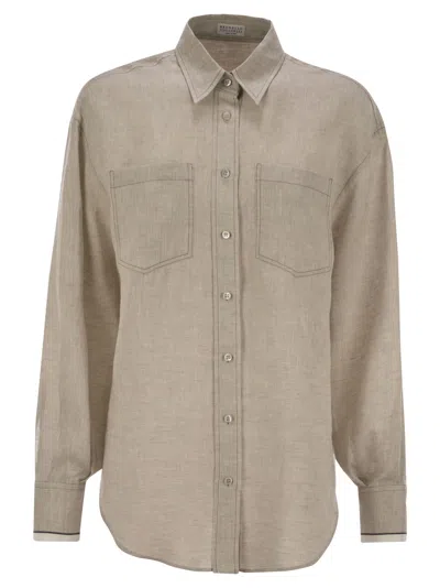 Brunello Cucinelli Beige Shirt With Chest Pockets And Monile Decorations In Linen Woman In Neutral