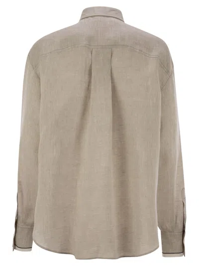Brunello Cucinelli Beige Shirt With Chest Pockets And Monile Decorations In Linen Woman In Neutral