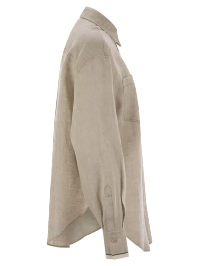 Brunello Cucinelli Beige Shirt With Chest Pockets And Monile Decorations In Linen Woman In Neutral