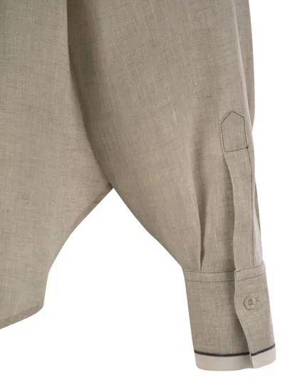 Brunello Cucinelli Beige Shirt With Chest Pockets And Monile Decorations In Linen Woman In Neutral