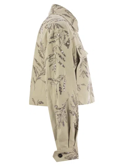 Brunello Cucinelli Women Outerwear In Cotton And Linen Canvas With Glistening Flora Embroidery