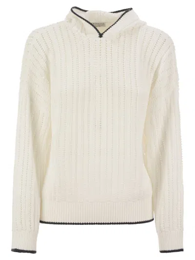 Brunello Cucinelli Women's Perforated Rib Cotton Knit Topwear With Hood And Necklace