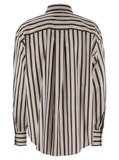 Brunello Cucinelli White Shirt With Floral Embroidery On The Front And All-over Striped Motif