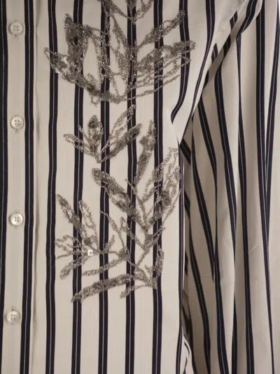 Brunello Cucinelli White Shirt With Floral Embroidery On The Front And All-over Striped Motif