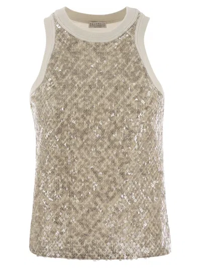 Brunello Cucinelli Stretch Cotton Jersey Top With Dazzling Net Embroidery