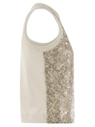 Brunello Cucinelli Stretch Cotton Jersey Top With Dazzling Net Embroidery
