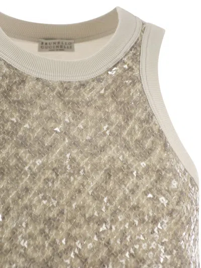 Brunello Cucinelli Stretch Cotton Jersey Top With Dazzling Net Embroidery