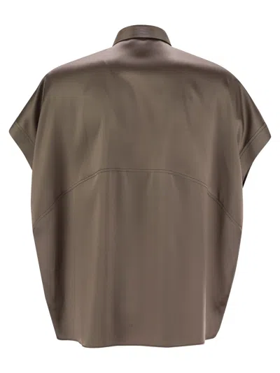 Brunello Cucinelli Women Stretch Silk Satin Short-sleeved Shirt With Necklace
