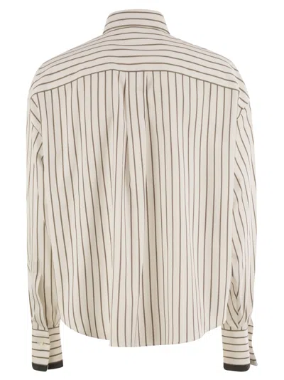 Brunello Cucinelli Long-sleeve Shirt With Vertical Stripes And Contrasting Cuffs In Neutral