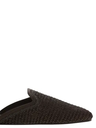 Brunello Cucinelli Monili-embellished Raffia Slippers