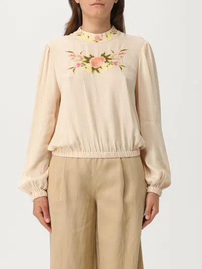 Twinset Twin-set Floral-embroidered Blouse With Keyhole Closure And Gathered Hem