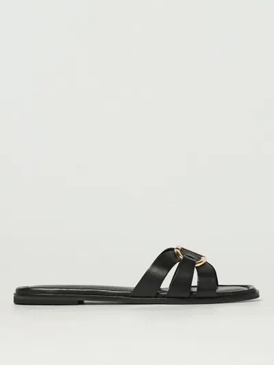 Twinset Black Sandals With Crisscross Strap And Metallic Oval T On The Front