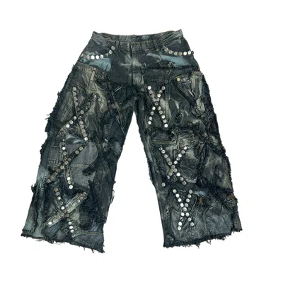 ZASTASTUDIO BLACK CARBON CLASH STUDDED DENIM UPCYCLED WIDE LEG PANTS 