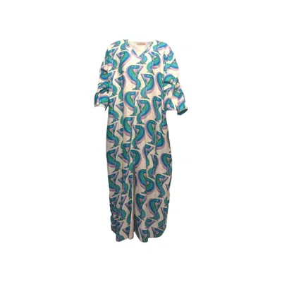 Julia Clancey Women's White Veronica Martini Swirl Azure Linen Kaftan