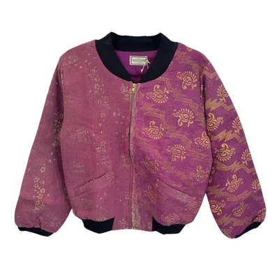 Transcend Women's Gold / Pink / Purple Nadia Bomber Jacket - Vintage Kantha - Plum & Gold - X Large
