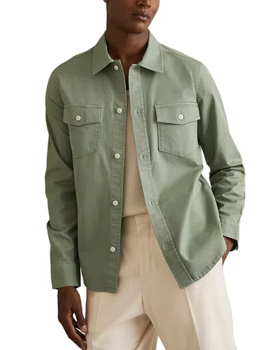 Reiss Sage Green Cotton Twill Twin Pocket Overshirt With Stretch
