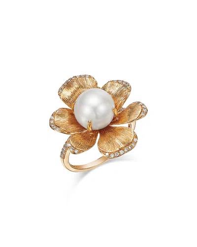 Bloomingdale's Fine Collection Freshwater Pearl & Diamond Flower Ring In 14k Yellow Gold