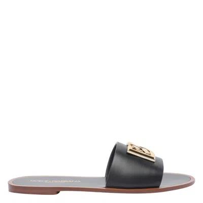 Dolce & Gabbana Flat Leather Slide Sandals With Front Embellishment In Black