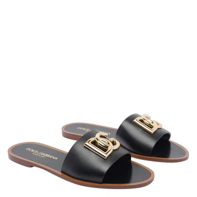 Dolce & Gabbana Flat Leather Slide Sandals With Front Embellishment In Black