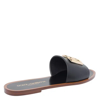 Dolce & Gabbana Flat Leather Slide Sandals With Front Embellishment In Black