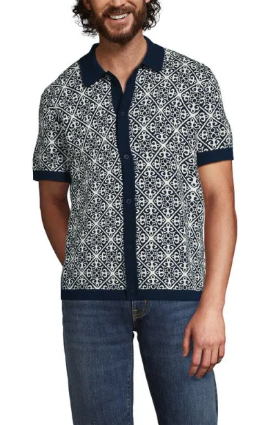 Lands' End Short Sleeve Tile Jacquard Button Down Sweater Polo
