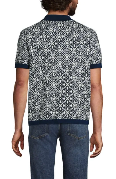 LANDS' END LANDS' END SHORT SLEEVE TILE JACQUARD BUTTON DOWN SWEATER POLO 