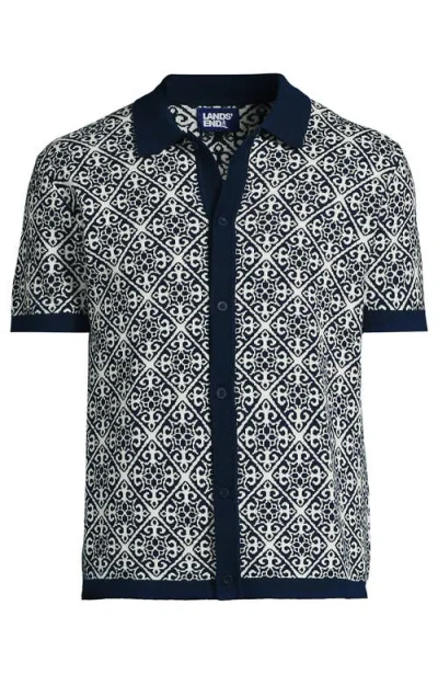 Lands' End Short Sleeve Tile Jacquard Button Down Sweater Polo