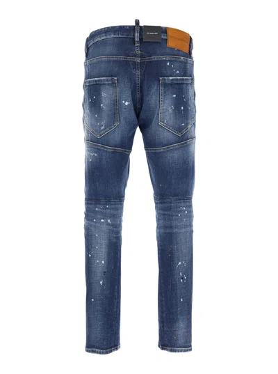Dsquared2 Blue Jeans With Logo Patch On The Rear And All-over Paint-splatter Print Effect In Denim Man