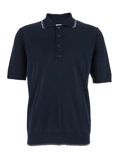 Eleventy Blue Sweater With Classic Collar And Fringed Hem In Fabric Man