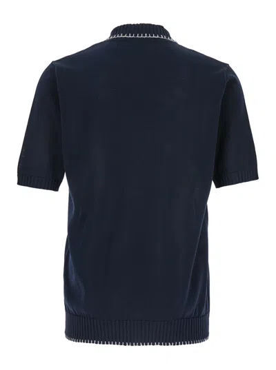 Eleventy Blue Sweater With Classic Collar And Fringed Hem In Fabric Man