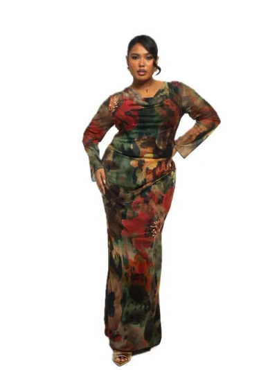 Fashion-szn Curve Long Sleeve Floral Print Mesh Maxi Dress